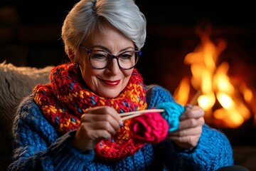 Senior woman knitting by the fire, creating warm memories continues the tradition of handcrafting gifts for loved ones