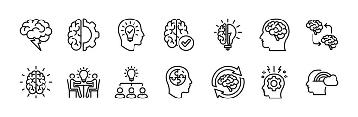 Business brainstorm thin line icon vector set. Containing light bulb, innovation, solution, Inspiration, creative idea, creativity, meeting, sharing, imagination, mind, thinking, cognition