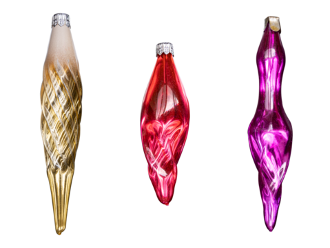 Vintage multicolored glass toy for Christmas tree long spiral decoration close-up isolated on transparent background set 3 pieces, yellow, red, purple.