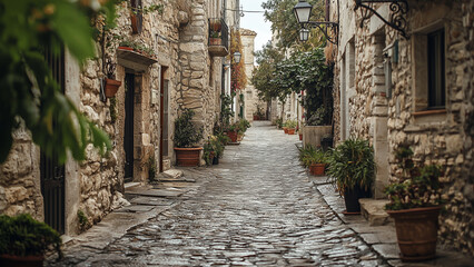 Obraz premium Cobblestone Alley - stone street, narrow alley, historic architecture, cobblestone, old town, European street, village scene, rustic charm, stone houses
