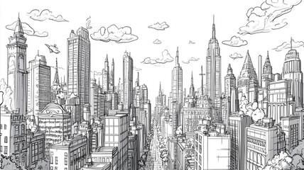 Detailed illustration of a bustling city skyline with skyscrapers and clouds during the day
