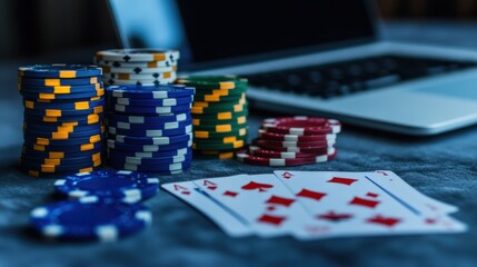 Naklejka premium Closeup of poker chips, playing cards, and an open laptop