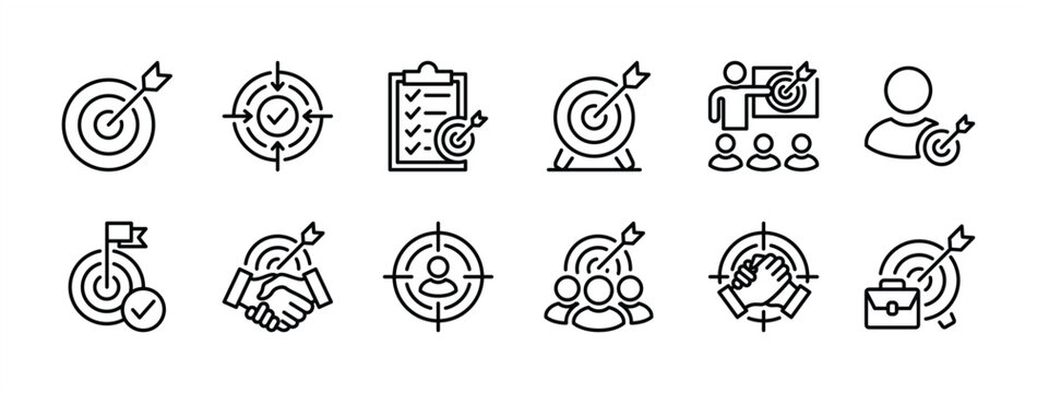 Business target thin line icon set. Containing arrow, dartboard, aim, focus, goal, objective, purpose, bullseye, accuracy for checklist, human resource, teamwork, group people, strategy, agreement