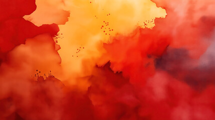Abstract watercolor background with vibrant red, orange, and yellow hues blending together. The colors create a fluid and dynamic appearance with some darker patches and splatter effects.