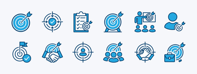 Set of target icon vector. Containing arrow, dartboard, aim, focus, goal, objective, purpose, bullseye, accuracy for business, checklist, human resource, teamwork, group people, strategy, agreement