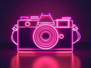 A minimalist white neon camera icon glowing brightly on a black background with clean, bold lines