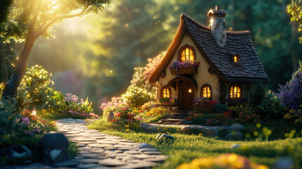 Fototapeta premium A quaint, fairy tale-like cottage sits in a sunlit forest clearing, surrounded by flowers and dappled golden light.