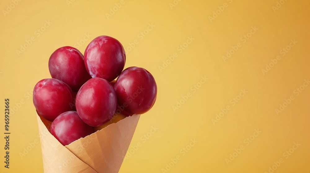 Wall mural plum red fruit closeup organic natural snack healthy food on cone wrapped