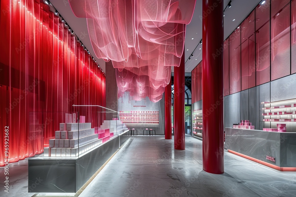 Poster view of a store with a red curtain and a counter