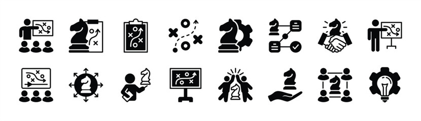 Successful business strategy flat icon set. Containing teamwork, plan, workflow, idea, solution, presentation, management, connection, handshake, organization, online, cooperation. Vector illustration