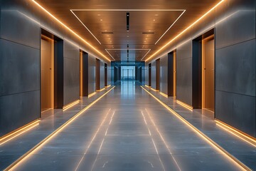 many doors in the hallway of a building with lights