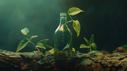 Transparent Glass Bottle with Green Leaves on Wooden Surface