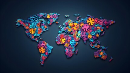 Colorful World Map with Peace Symbols Representing Global Harmony and Diversity