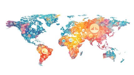 Obraz premium Colorful World Map with Peace Symbols Representing Global Unity and Harmony