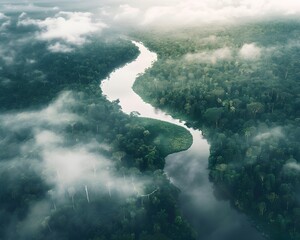 Fototapeta premium Aerial View of the Lush Amazon Rainforest with Winding River and Mist Shrouded Canopy