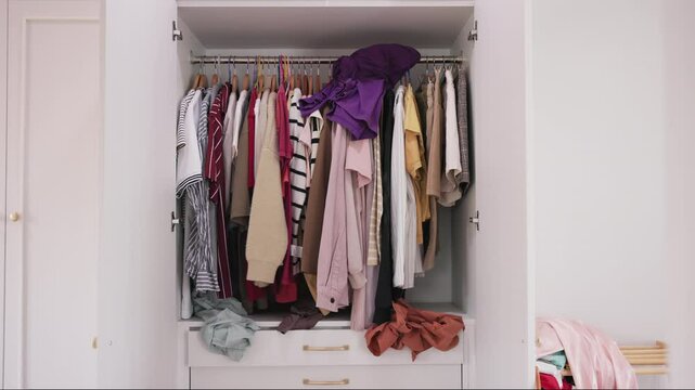 No people shot of messy used dirty heap clothes neat arrange need clean house room service. Home chores open dresser rack old walk-in closet stack fabric garment fast fashion industry waste issue.