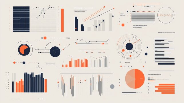 Design a minimal infographic with cool colors, geometric patterns, and line art, incorporating data-driven graphs in a modern cutout style