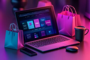 Black Friday online shopping concept, featuring a laptop with open sale websites. Generative AI