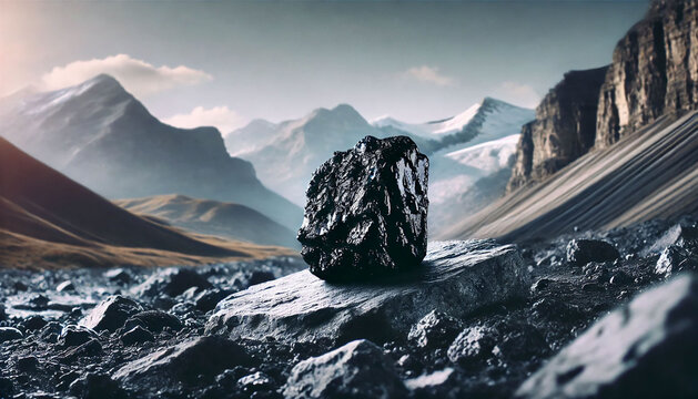 Piece of black shilajit rock mineral resin resting on a pedestal, mountain background