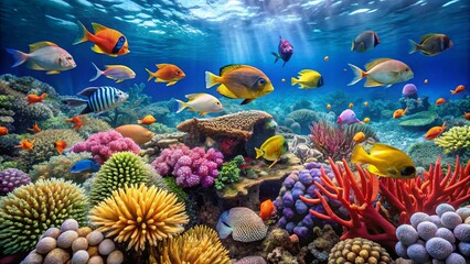 Coral reef landscape with various fish species