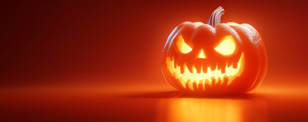 A sinister Jack-o'-lantern with glowing eyes and a sharp grin, set against a vibrant orange background, evoking Halloween.