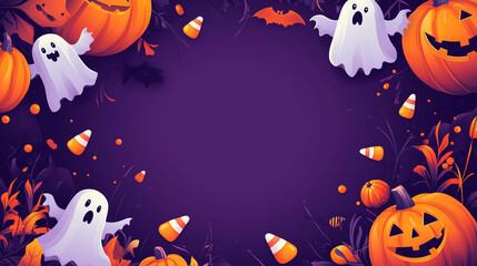 Fototapeta premium A festive Halloween-themed background featuring carved pumpkins, flying ghosts, black bats, and candy corn scattered across a dark purple backdrop.