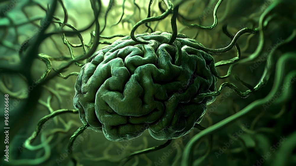 Poster intricate neuron network with branching synapses in green toned microscopic image
