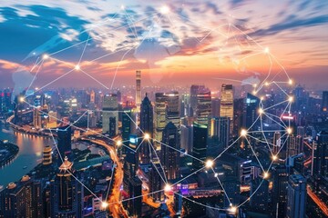 Fototapeta premium Futuristic Cityscape with a Global Network at Sunset