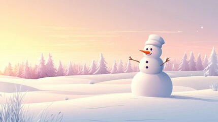 Fototapeta premium A delightful snowman with a carrot nose and a simple hat enjoys the tranquil winter morning, basking in the soft glow of sunrise