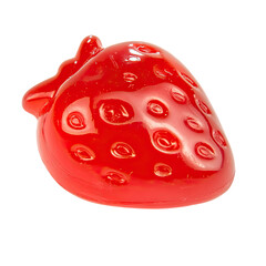 A single red strawberry gummy candy, a sweet treat with a glossy finish.