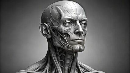 human head neck anatomy illustrations life like detailed technical renderings grayscale style realistic art