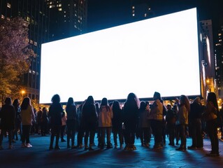captivating night cityscape with a massive led billboard mockup commanding attention crowds of diverse onlookers gaze up at the blank display creating a scene of urban intrigue and anticipation