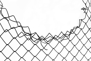 Opening in metallic fence isolated on white background. Challenge. uncertainty. breakthrough concept. metaphor. Chain-link, wire netting, wire-mesh, cyclone hurricane fence.