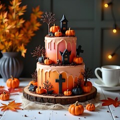 A whimsical Halloween cake decorated with pumpkins and halloween elements, inviting joy and celebration of the season.