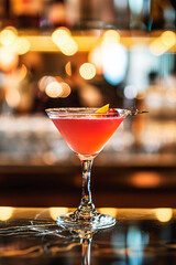 Alcoholic cocktail Cosmopolitan based on vodka and cranberry juice on the bar counter