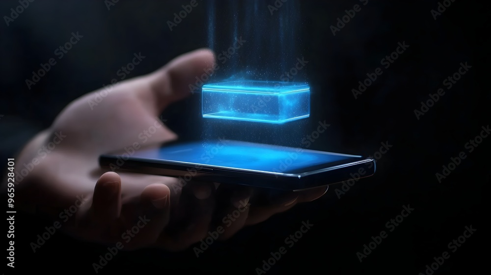 Poster futuristic holographic floating display projection on smartphone