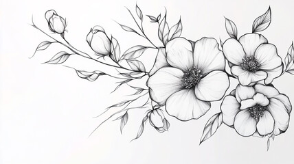 Obraz premium Delicate black and white floral illustration featuring blooming flowers and budding leaves