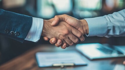 Obraz premium Two business professionals shaking hands after finalizing a deal or agreement in a modern office setting