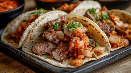 A dish of Korean BBQ tacos with marinated beef, kimchi, and gochujang sauce, merging Korean and Mexican cuisines