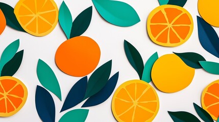 Colorful paper cutouts of oranges and leaves arranged on a white background for a creative project or decoration idea