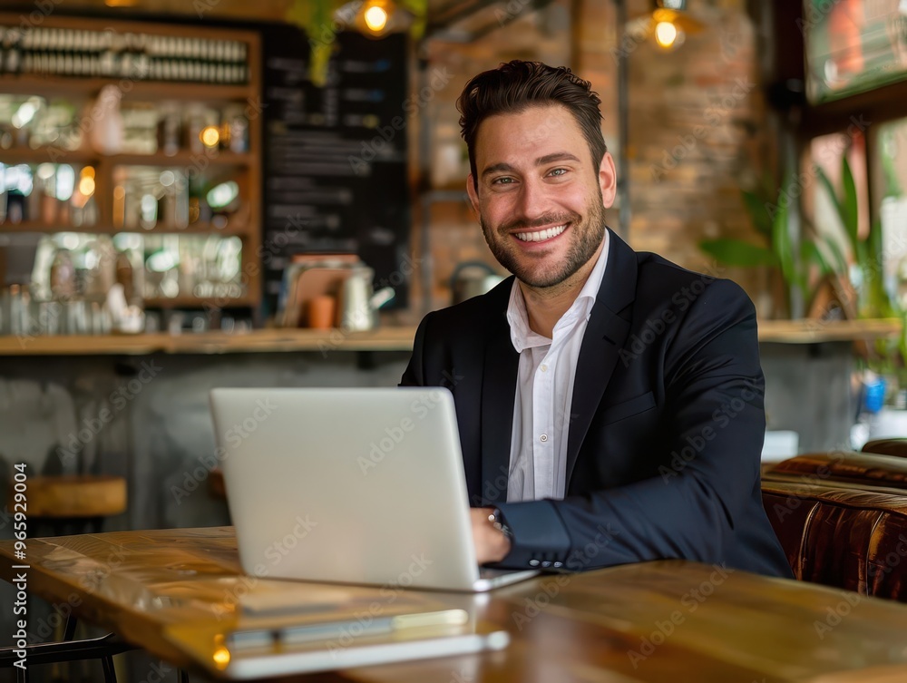 Poster charismatic businessman working on a laptop in a trendy cafe setting his warm smile and engaging exp
