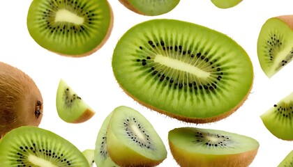 Fototapeta premium Kiwi fruit setting sweet tasty luscious kiwis full and slices wallpaper background illustration,horizontal, juicy, no people, photography, seed, color image, ripe, studio shot,456
