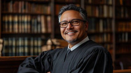 Fototapeta premium Latino Hispanic Man Judge - judge, smiling, library, books, law, judiciary, legal, robes, glasses, courtroom, profession, authority, justice, court, male, interior, wisdom, scholar