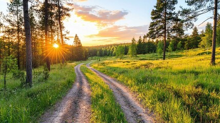 Obraz premium A serene pine forest road during twilight, beautifully painted with the vibrant colors of the setting sun, creating a picturesque and tranquil scene.