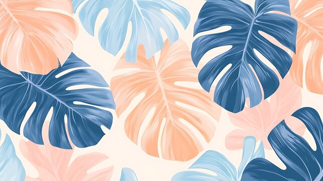 Soft Pastel Monstera Leaves Pattern with Light Pink, Blue, and Orange Tones in a Seamless, Modern Artistic Design