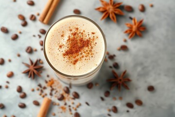 A glass of iced coffee topped with cinnamon, surrounded by coffee beans and spices, inviting a moment of pure indulgence.