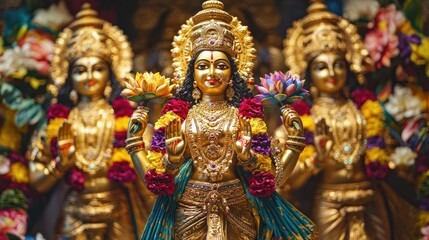 Fototapeta premium Goddess Laxmi portrait LAKSHMI Beautiful Hindu goddess with golden lotus and colorful flower garlands, holy face with happy smile, wearing yellow dress with red border on chest, full body with detaile
