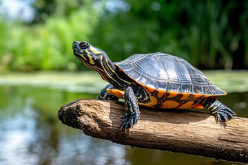 Obraz premium Turtle basking in the sun on a riverbank, its shell glistening in the afternoon light, enjoying the warmth of the day