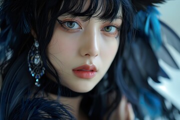 Fototapeta premium An enchanting character adorned in blue latex, showcasing expressive eyes and elaborate accessories that evoke an anime aesthetic.