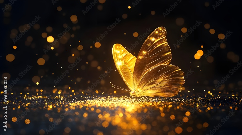 Poster illuminated butterfly glowing in gold with dark pattern image